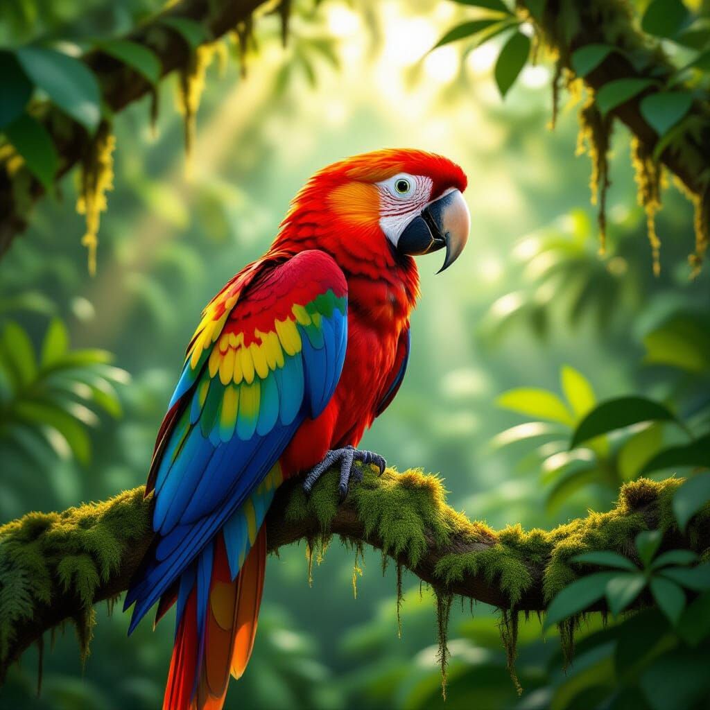 Vibrant Scarlet Macaw in Rainforest Canopy