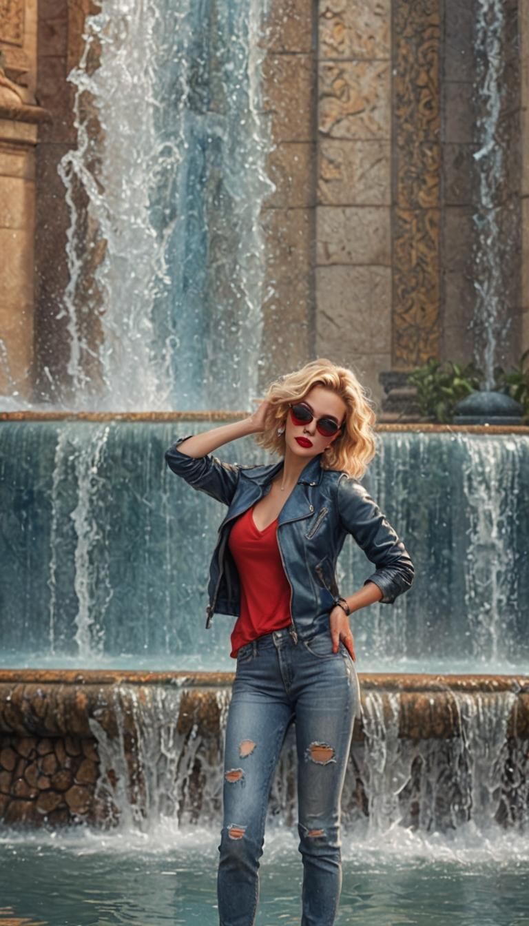 Glamorous Woman in Fountain, Fantasy Concept Art
