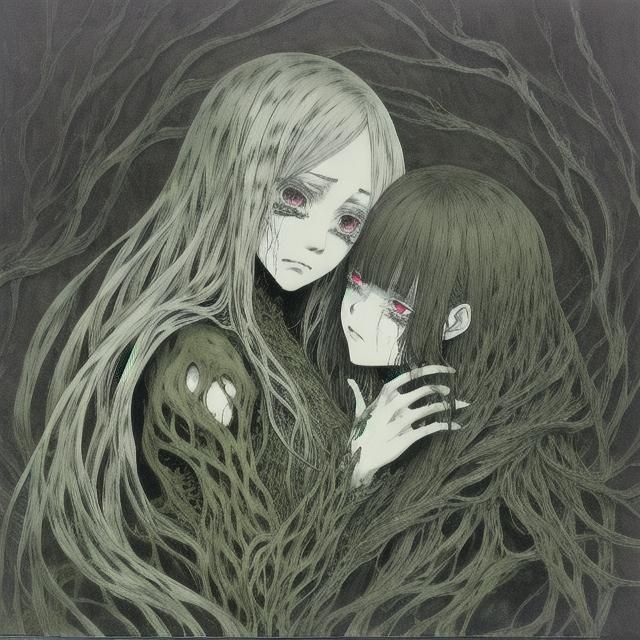 Anime Girls Kissing in Fantasy Horror Manga Style