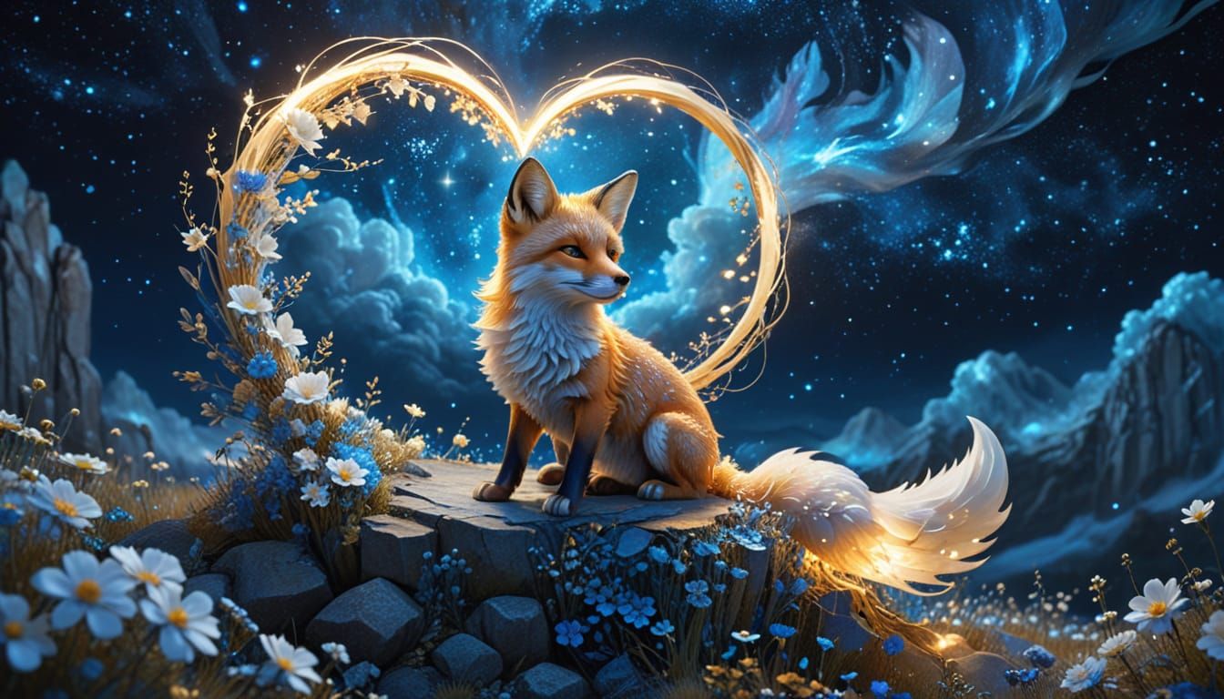 Chibi Fox in a Whimsical Floral Landscape