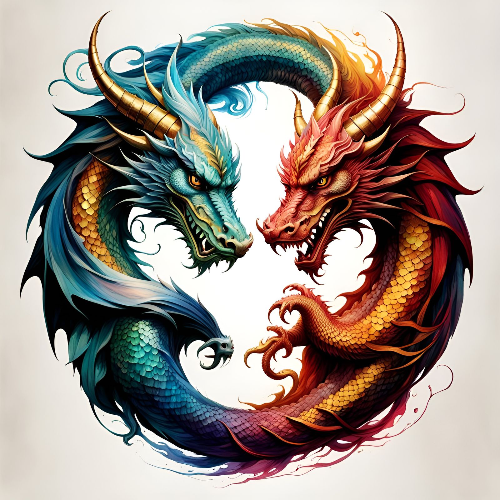 Yin Yang Chinese Dragon Logo in Watercolor Style