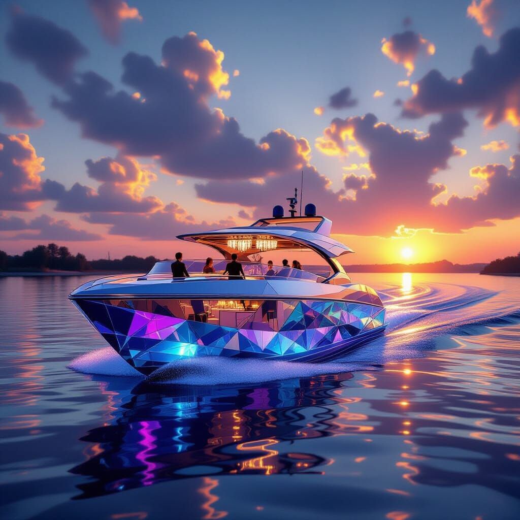 Crystalline Diamond Boat Gliding on Luminous River