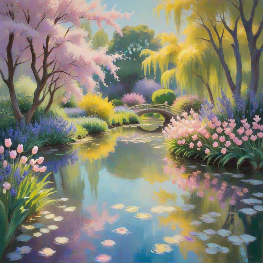 Vibrant Impressionist Garden Scene with Blooming Tulips and ...