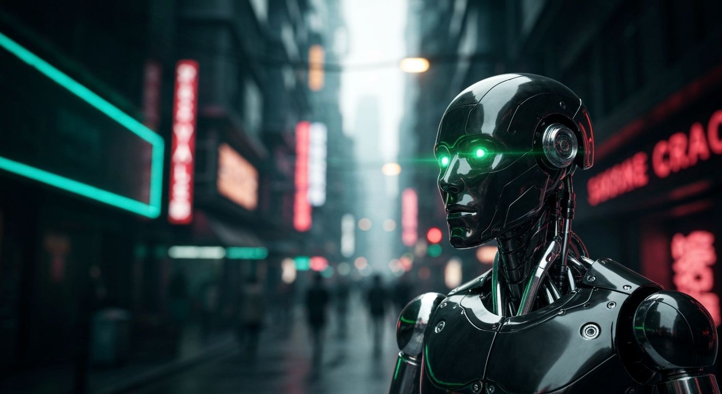 Robot Child Waters Flower: Whimsical Oil Painting