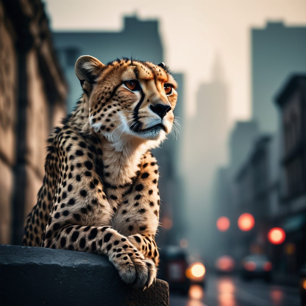 Hyperrealistic Cheetah on City Wall in Moody Urban Landscape