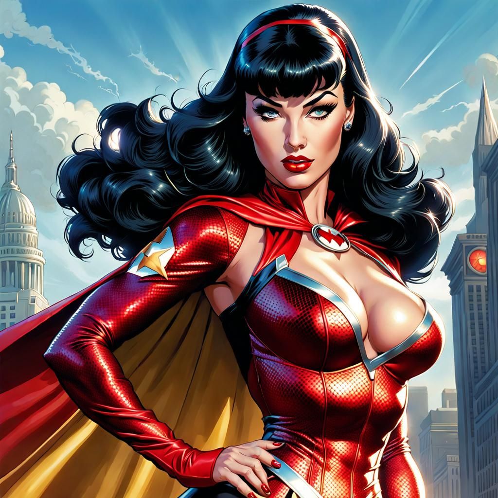 Bettie Page as Superhero in Comic Book Style