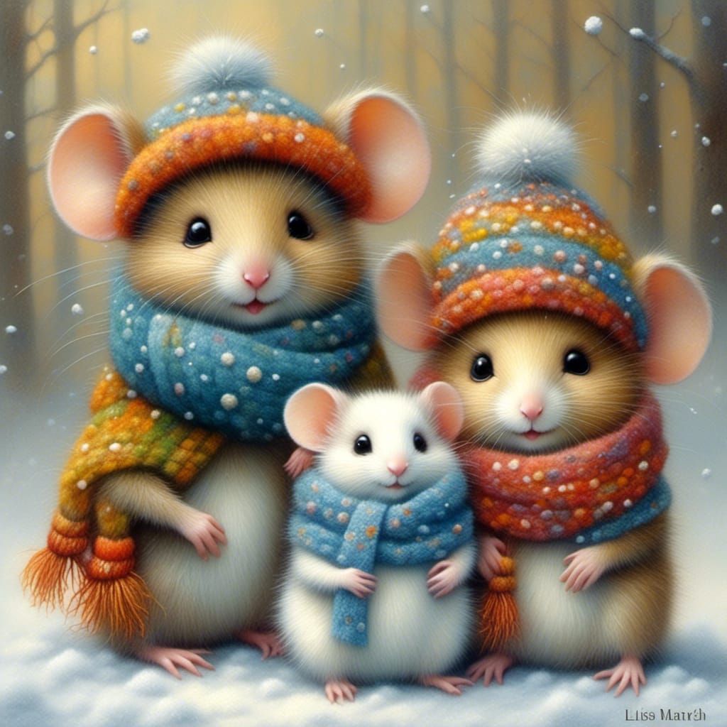 Fluffy Mice in Winter Snow, Whimsical Illustration