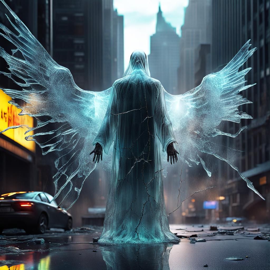 Glass Winged Angel in a Neon Dystopia