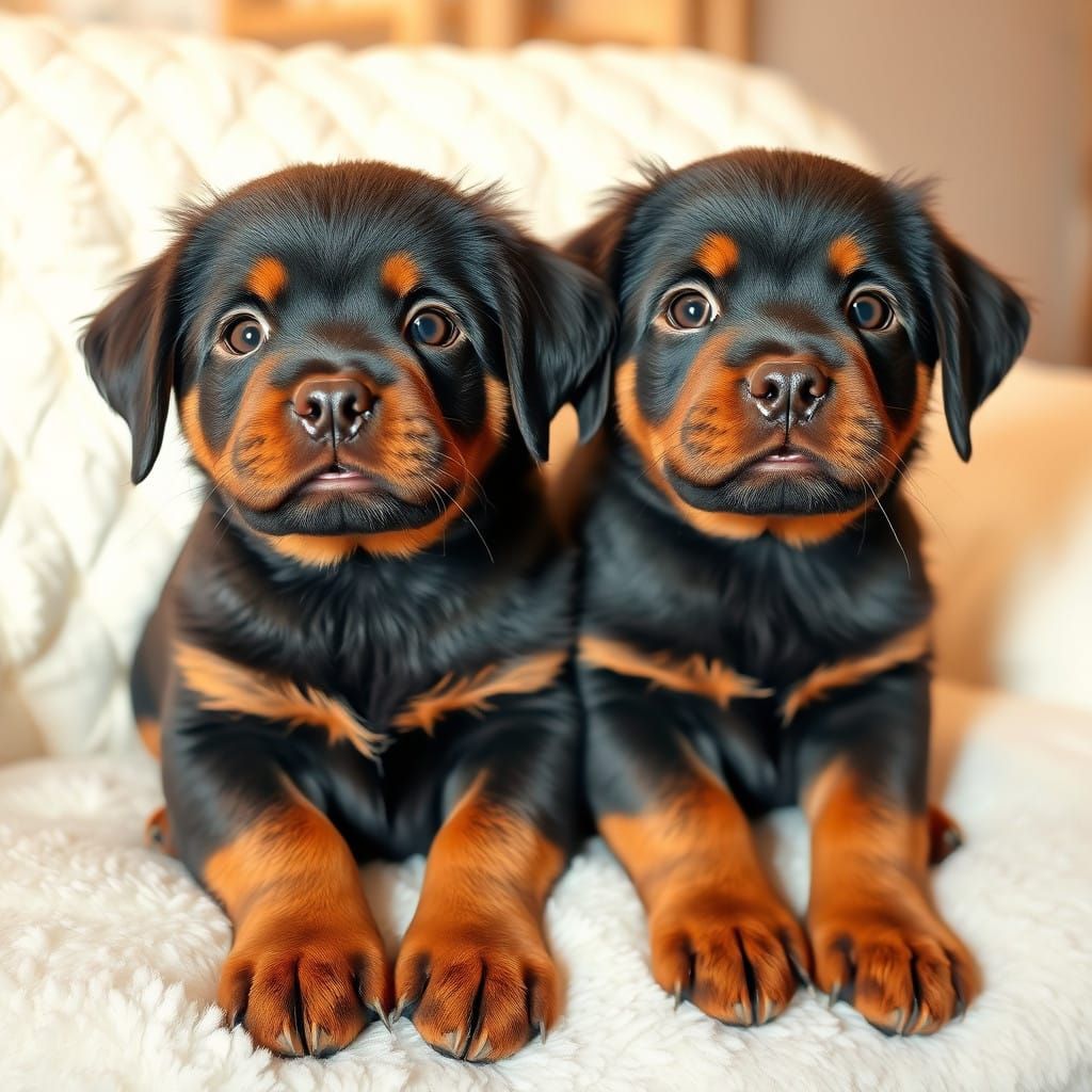 2 Rottweiler puppies sitting on a fluffy white couch with pi...