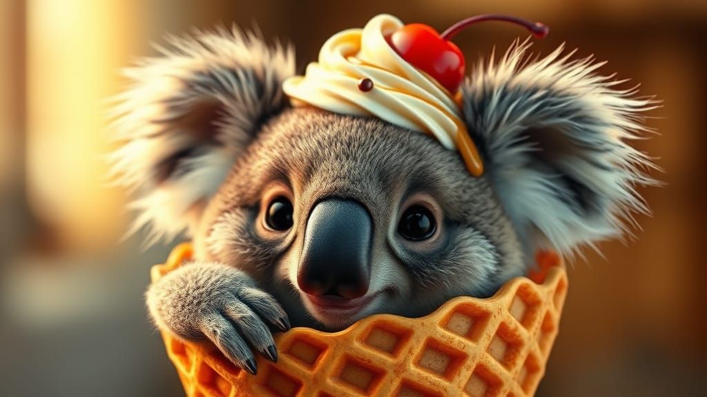 Whimsical Koala Waffle Cone in Hyper-Realistic Digital Art