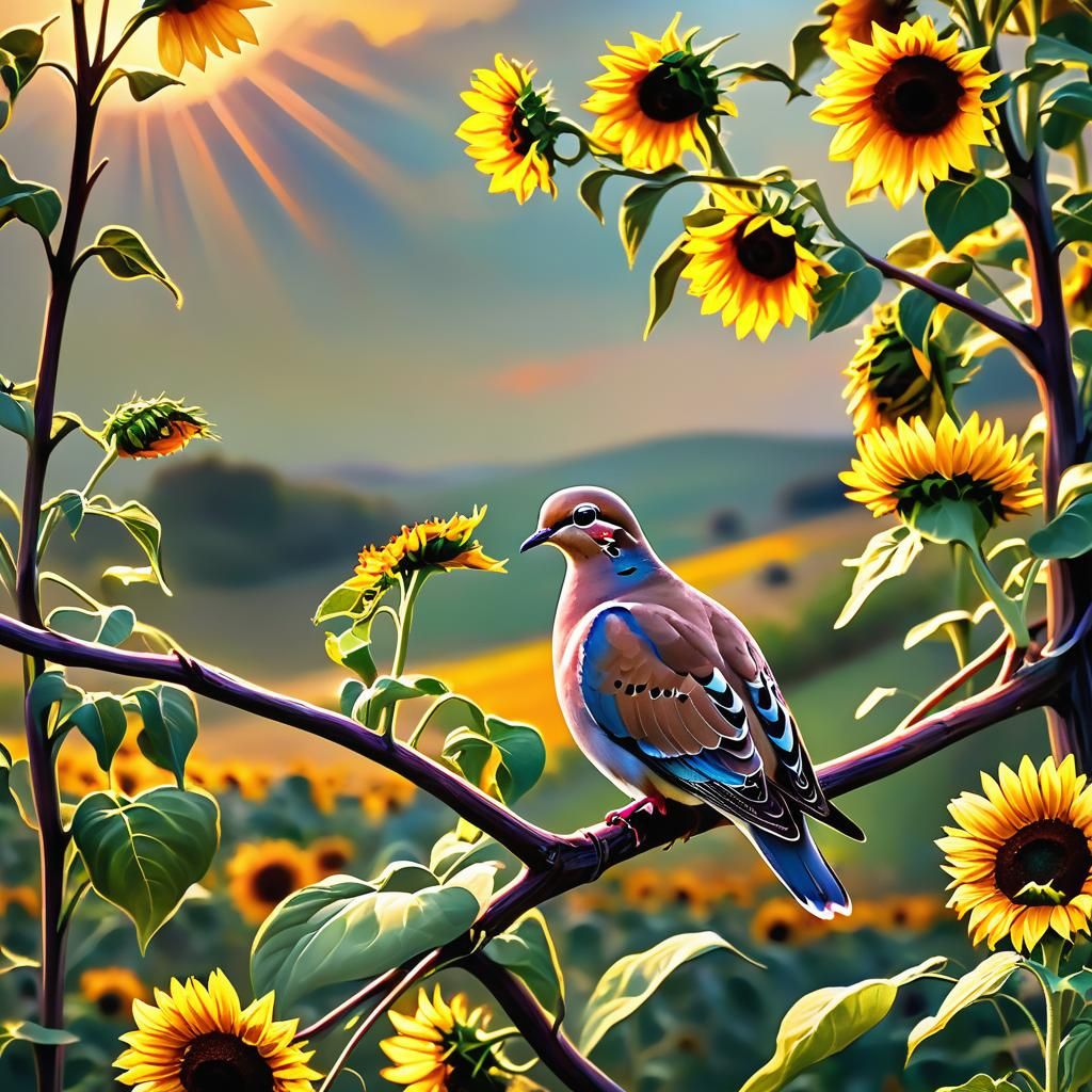 Mourning Dove in Sunflower Field: Impasto Oil Painting
