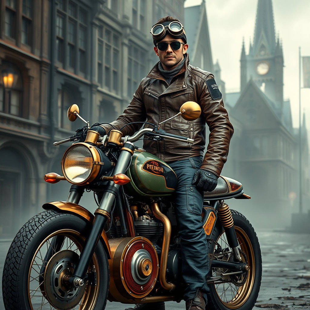 Steampunk Motorcyclist in Industrial Cityscape