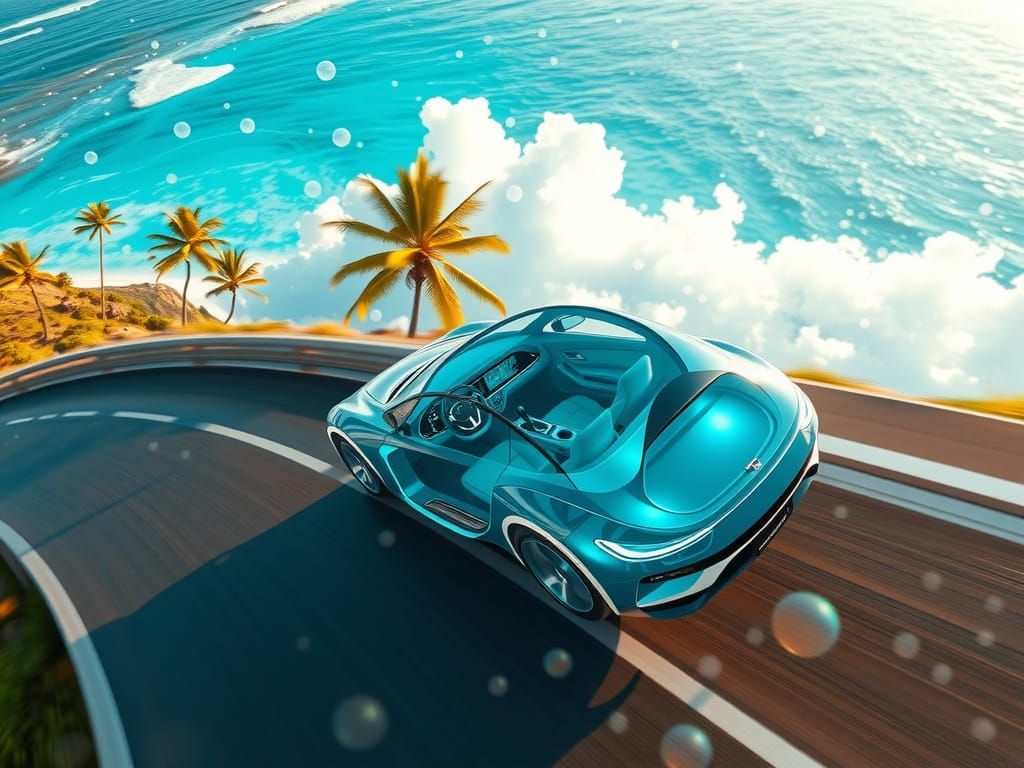 Transparent Car on Coastal Road in Frutiger Aero Style