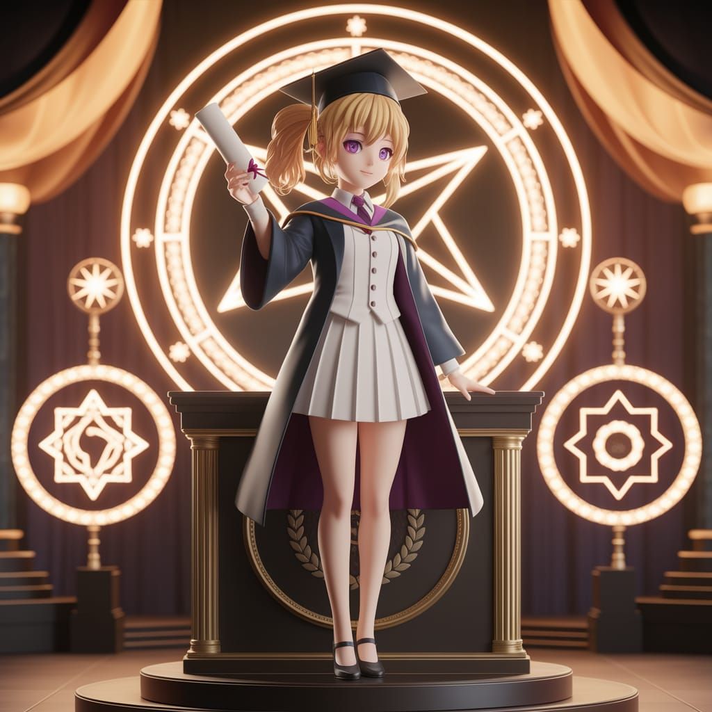 Anime Graduation Scene with Magical Symbols and Enchanted Se...