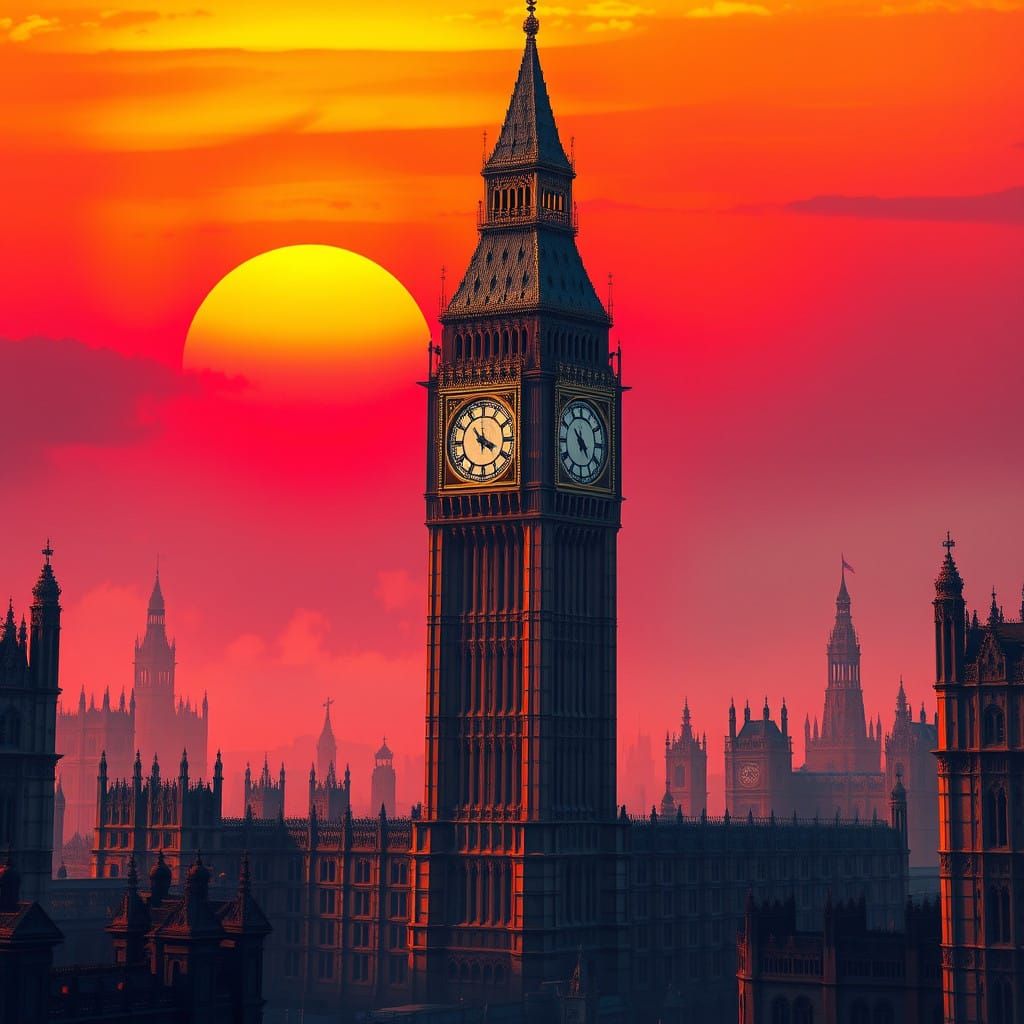 Ethereal Big Ben Under a Blazing Red Sunset