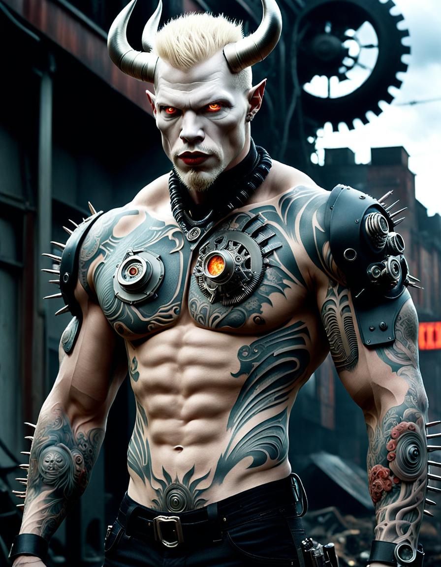 Surreal Tattooed Devil in Apocalyptic Landscape