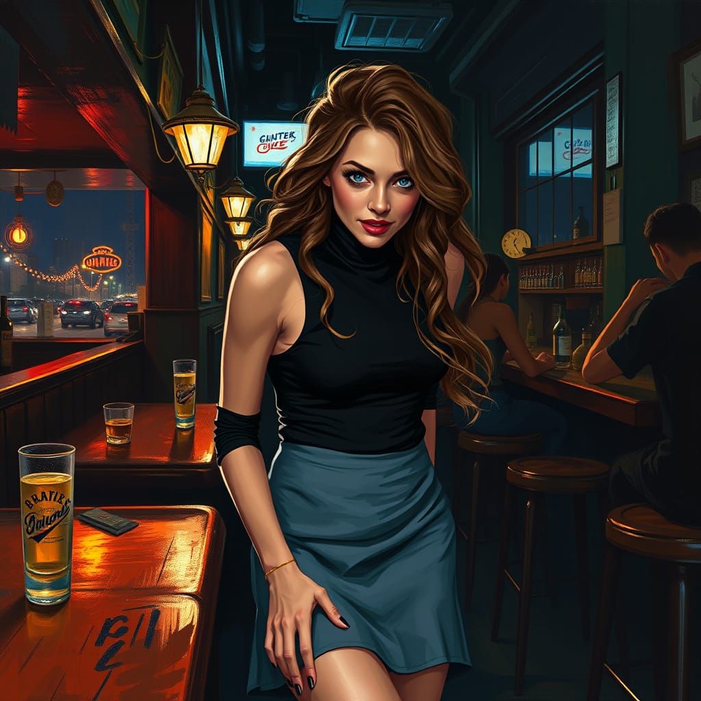A Drunk Woman's Flirtatious Moment in a Dimly Lit Bar