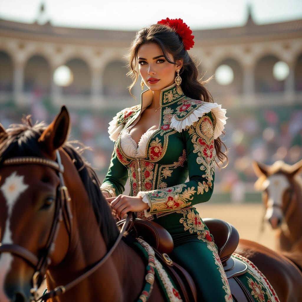 Female Bullfighter on Horseback in Ornate Costume