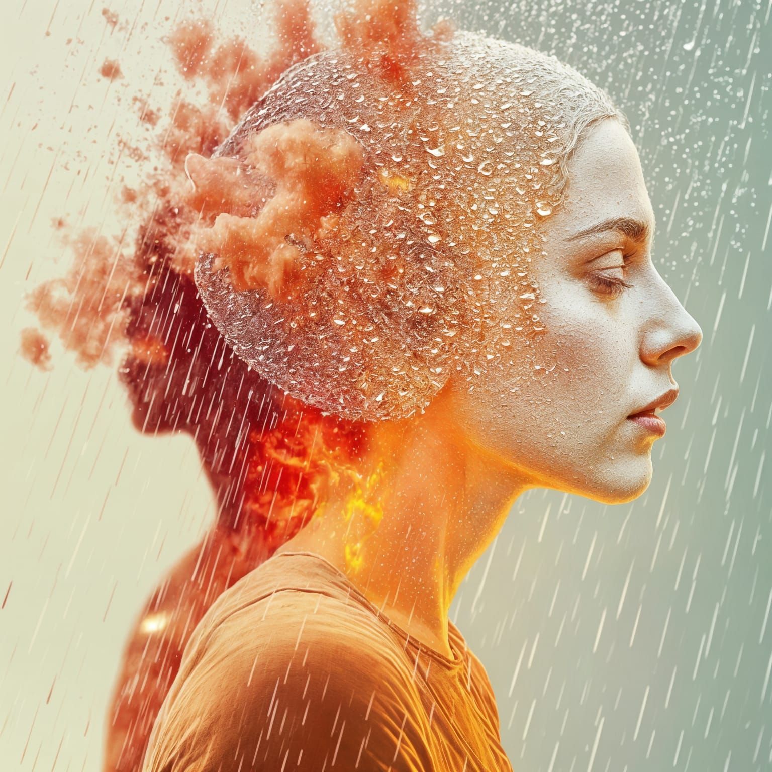 Head Ablaze: Eternal Flame in Rainy Cityscape