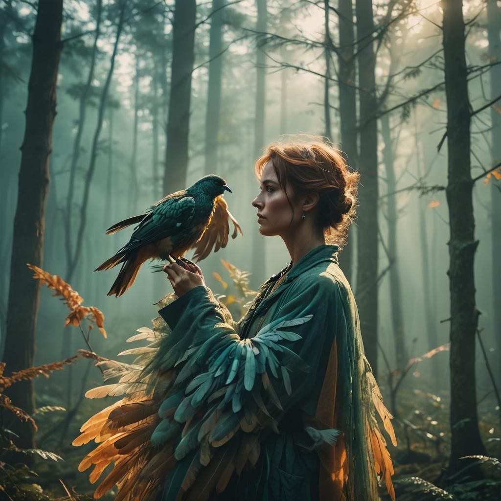 Woman's Transformation into Bird in Misty Forest