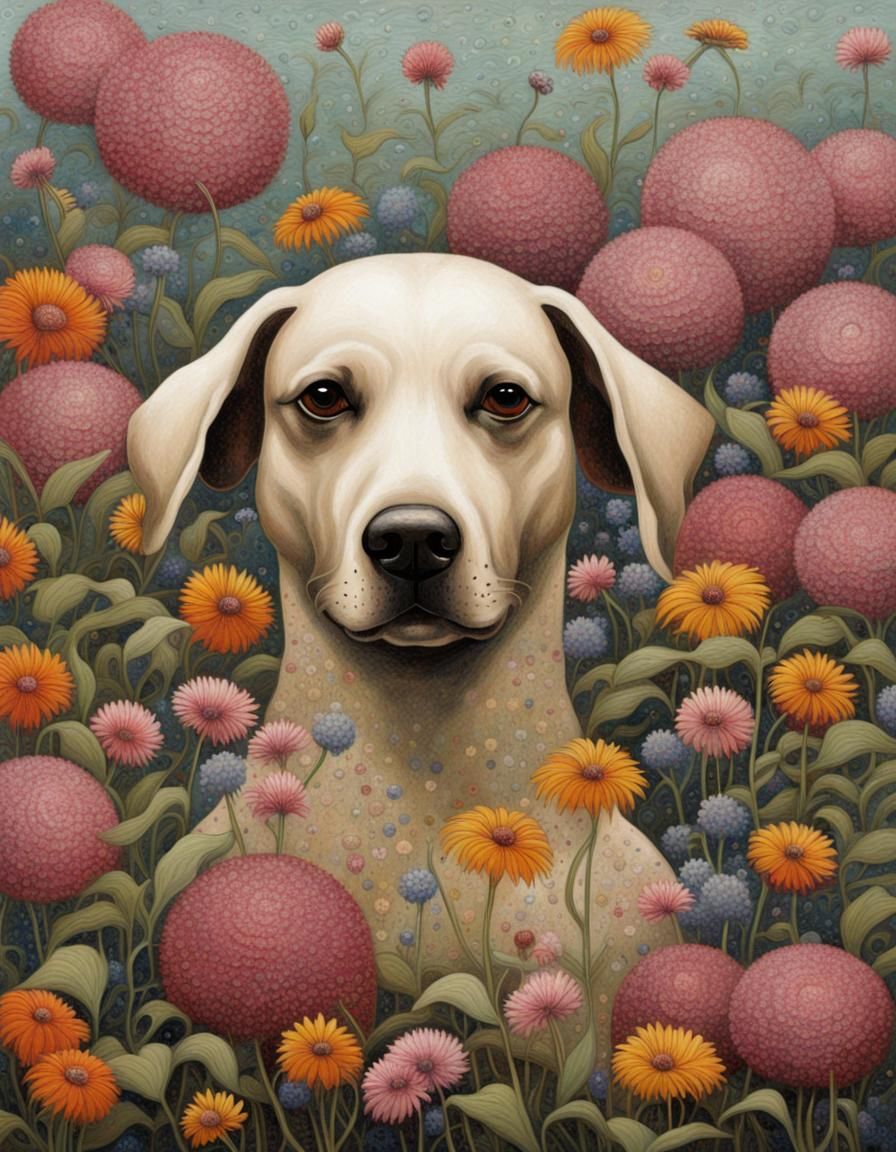 Dog in Flowers, Art Deco Style