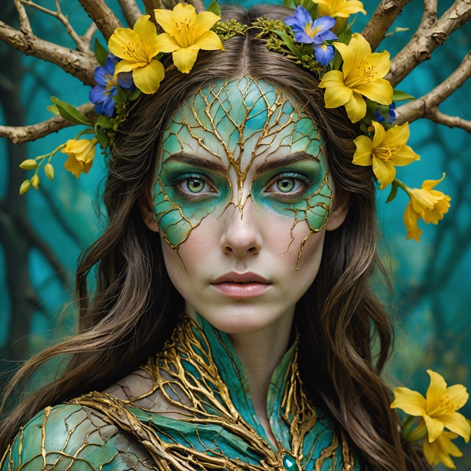 Botanical Woman with Bark Texture and Golden Flowers