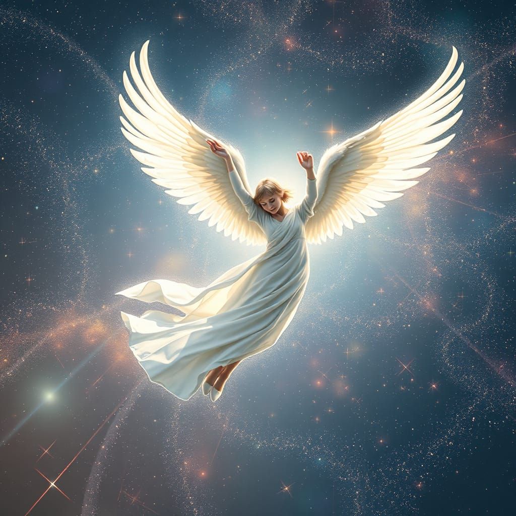Ethereal Angel Soars Through Cosmic Sky