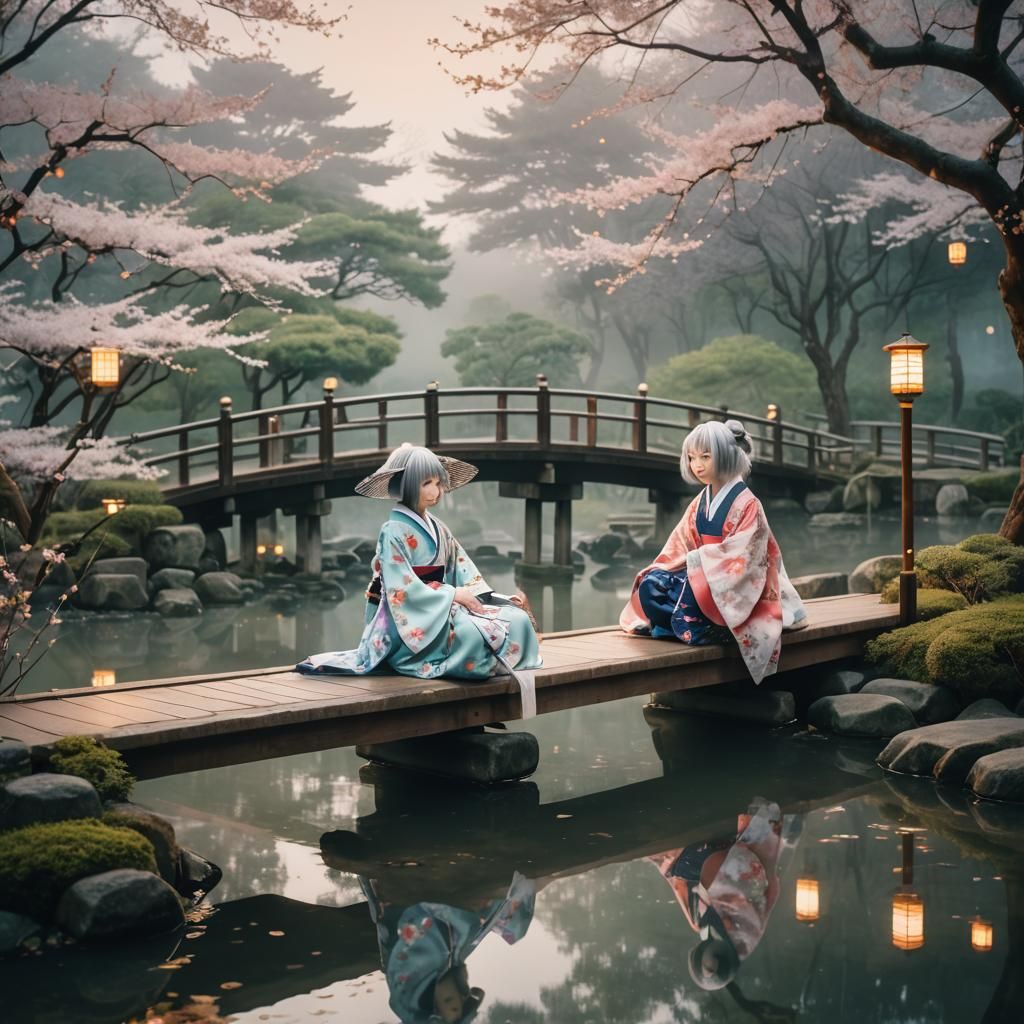 Dreamlike Garden Scene in Japanese Pop Art Style