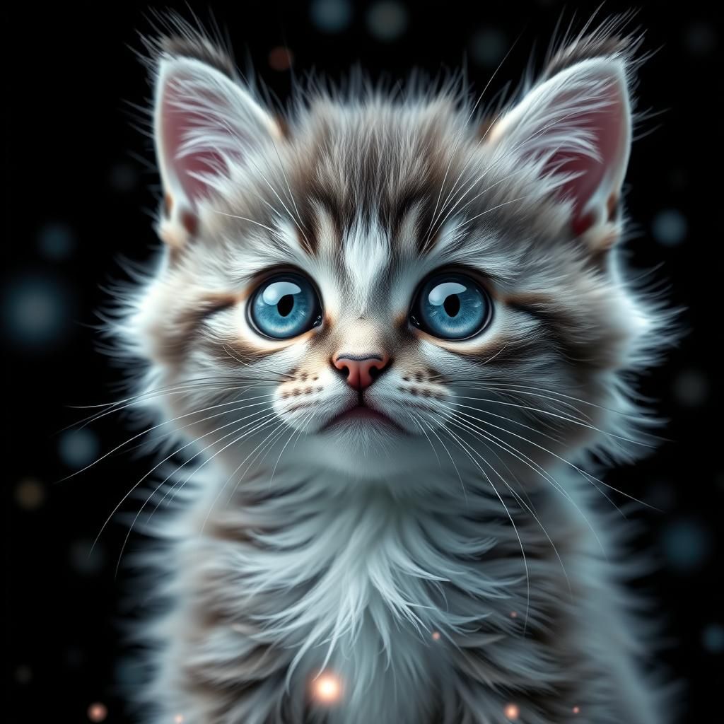 Adorable Fluffy Kitten with Blue Eyes in Fantasy Art