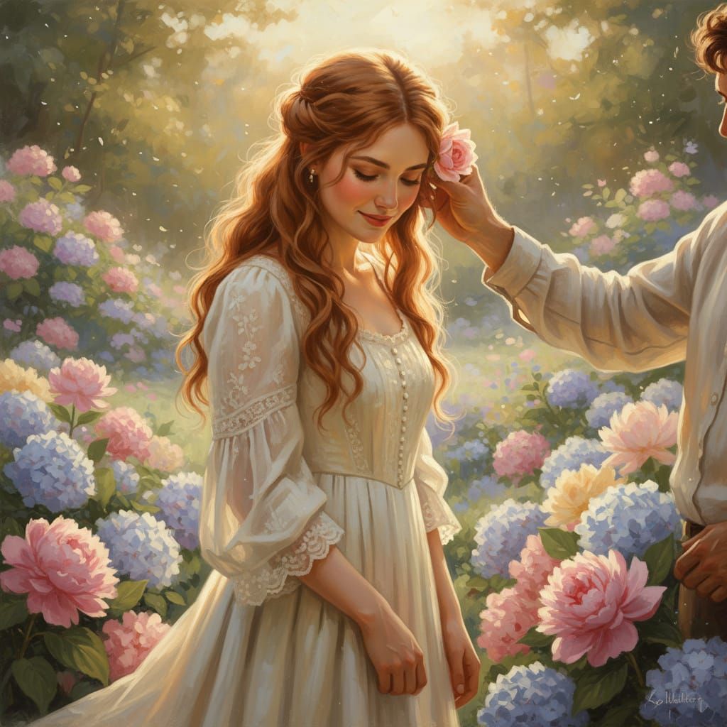 Woman with Flower in Hair in Romantic Garden