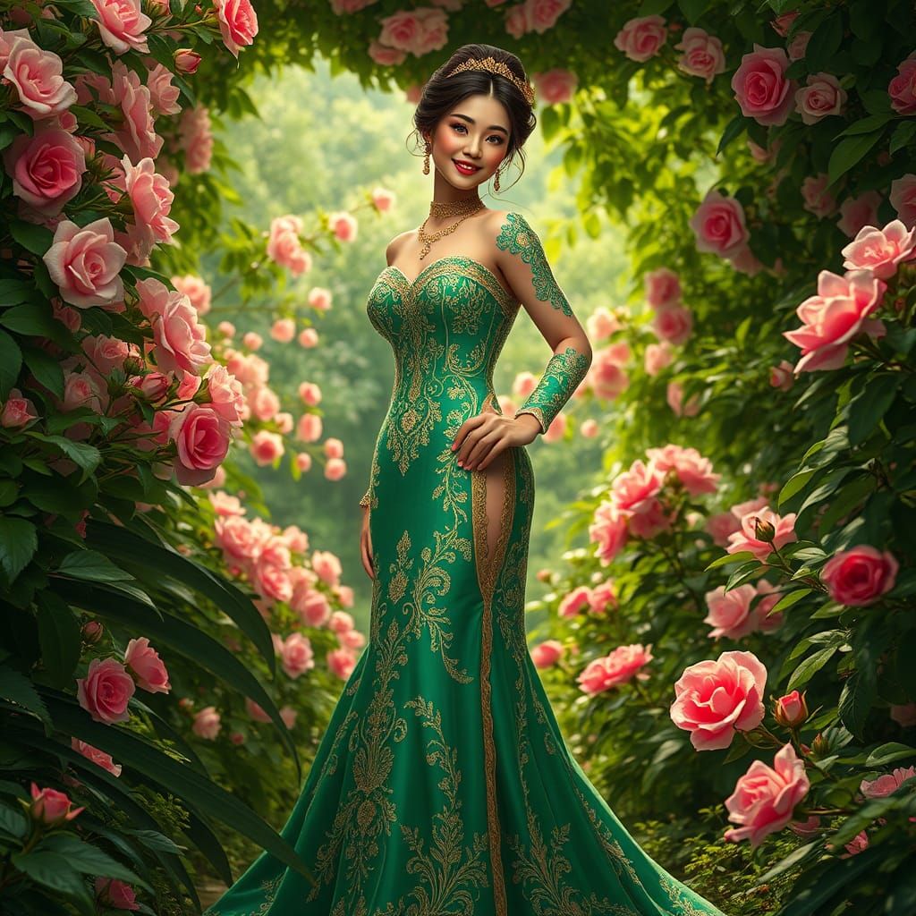Woman in Emerald Dress: Fantasy Garden Art