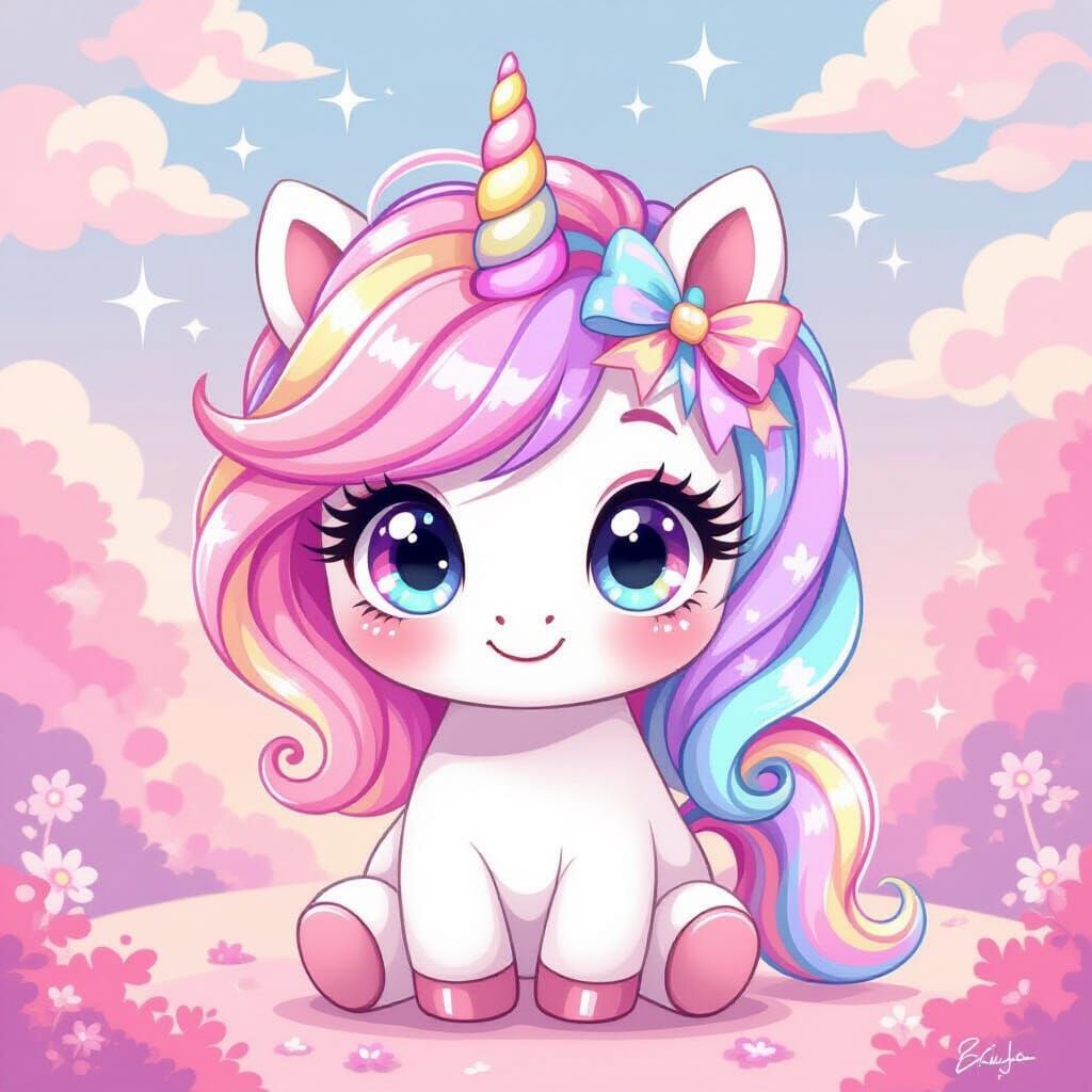 Kawaii Pink Unicorn with Sparkly Eyes and Ribbons