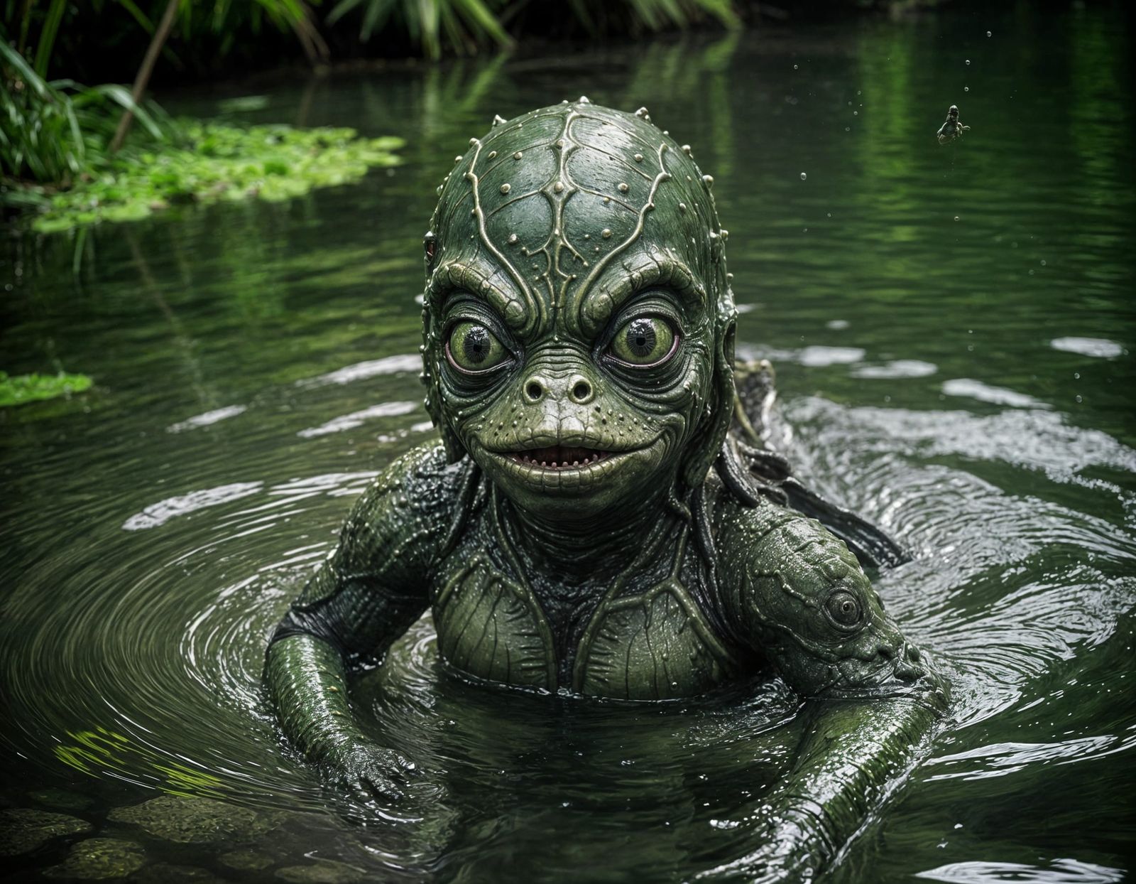 Green Scaled Baby Creature Splashing in Water