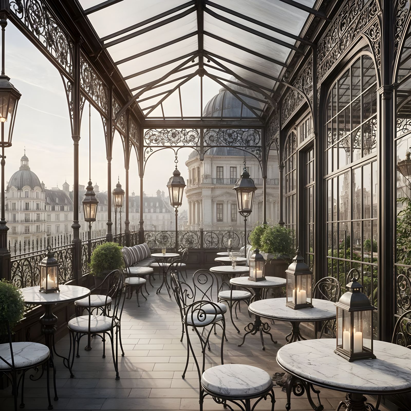 English Winter Garden with French Patio Tables