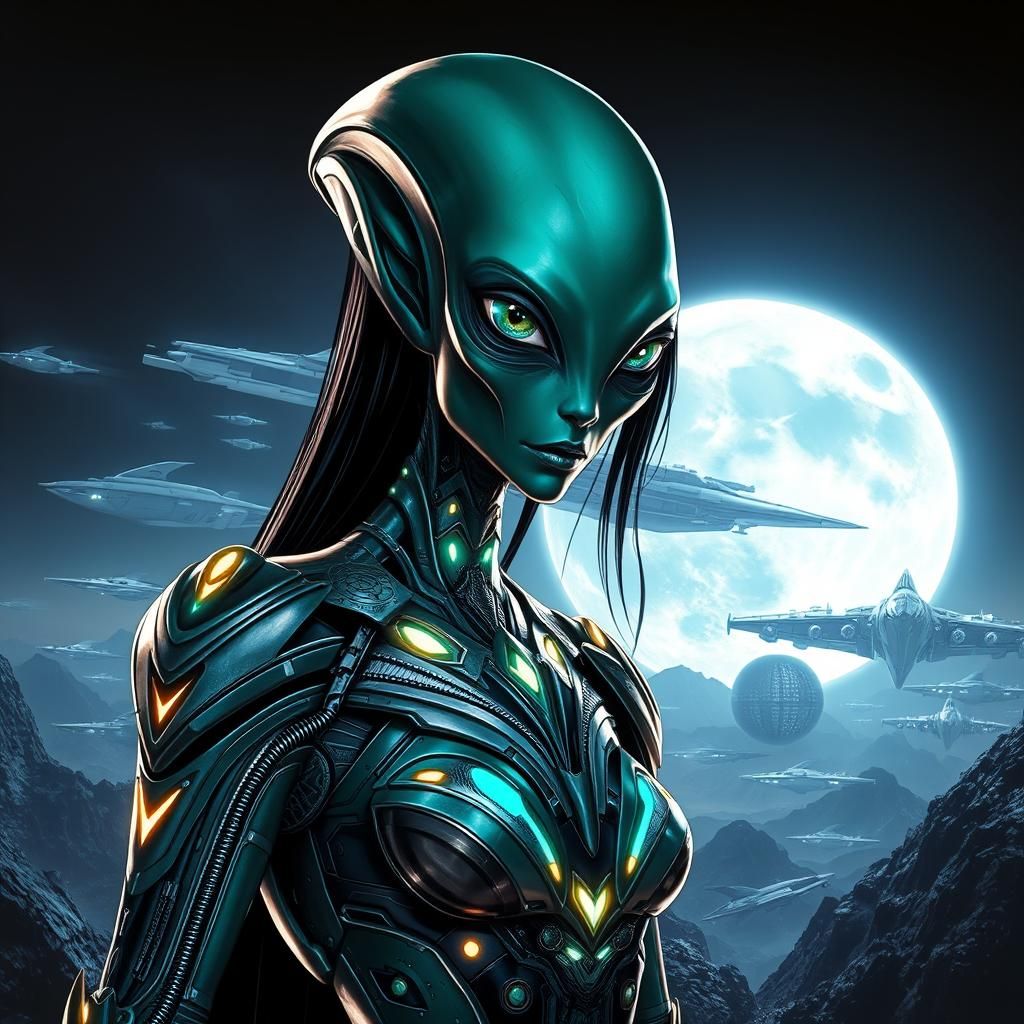 A beautiful, Regal, imposing alien female in metallic armor ...