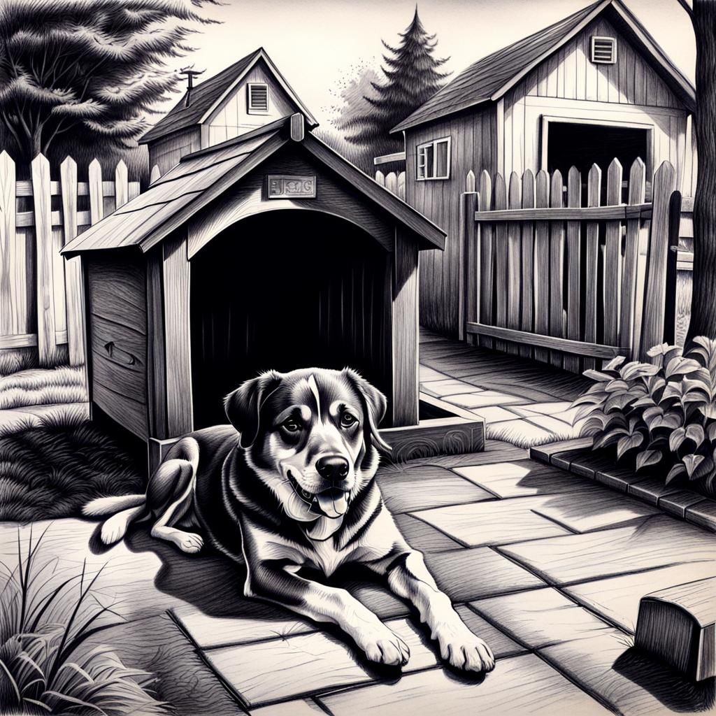 Hyperdetailed Charcoal Drawing of Dog in Yard