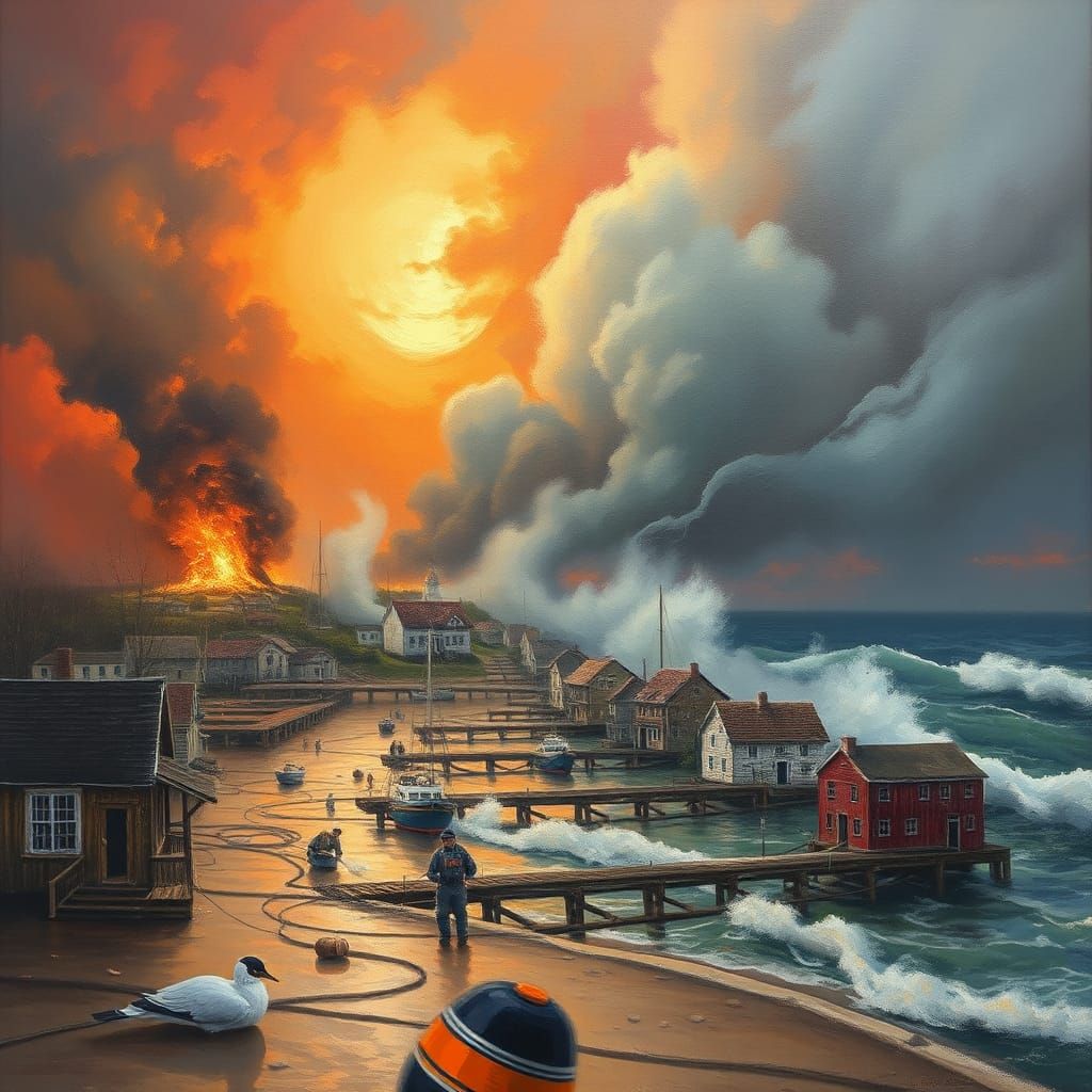 Storm Threatens Seaside Town in Oil Painting Style