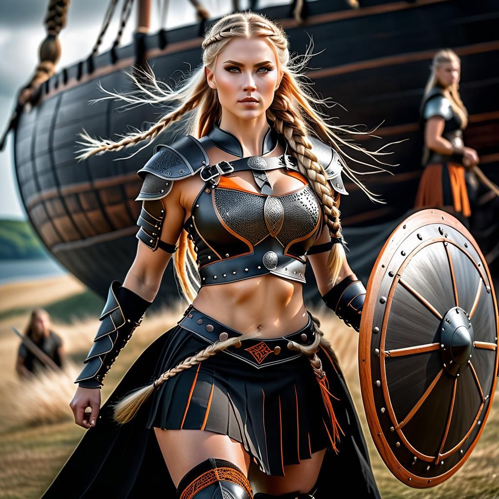 Beautiful Viking Woman in Armor by Viking Ship