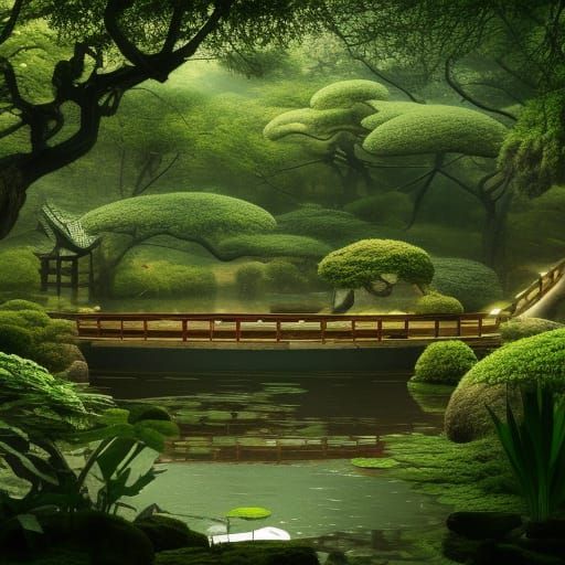 Botanical Japanese Garden Interior in Detailed Matte Paintin...