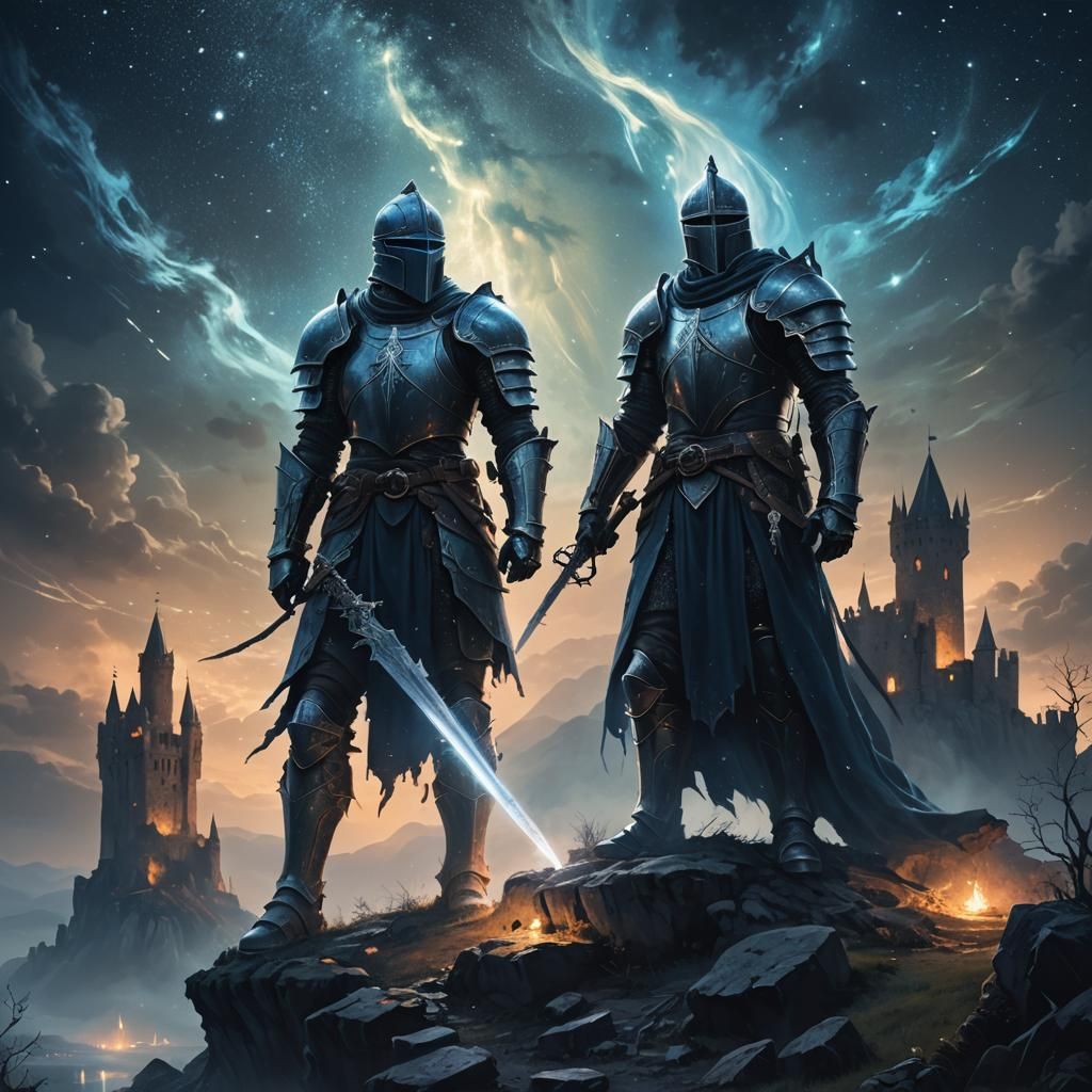 Spectral Knight Guards Ruined Castle Under Starry Sky