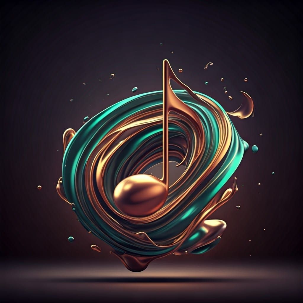 Surrealistic Music Note in Mid-Air, Blending Liquid Metal an...