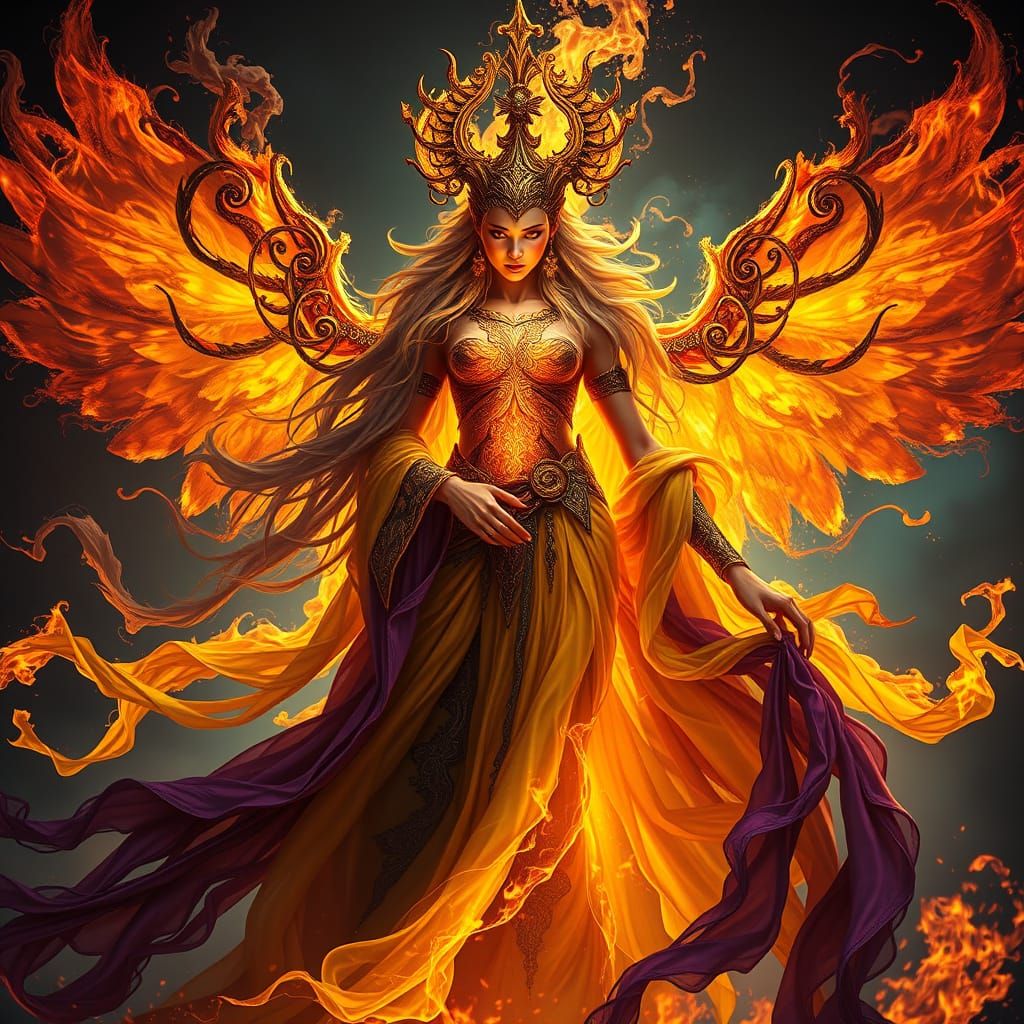 Fire Goddess in Dark Fantasy Environment
