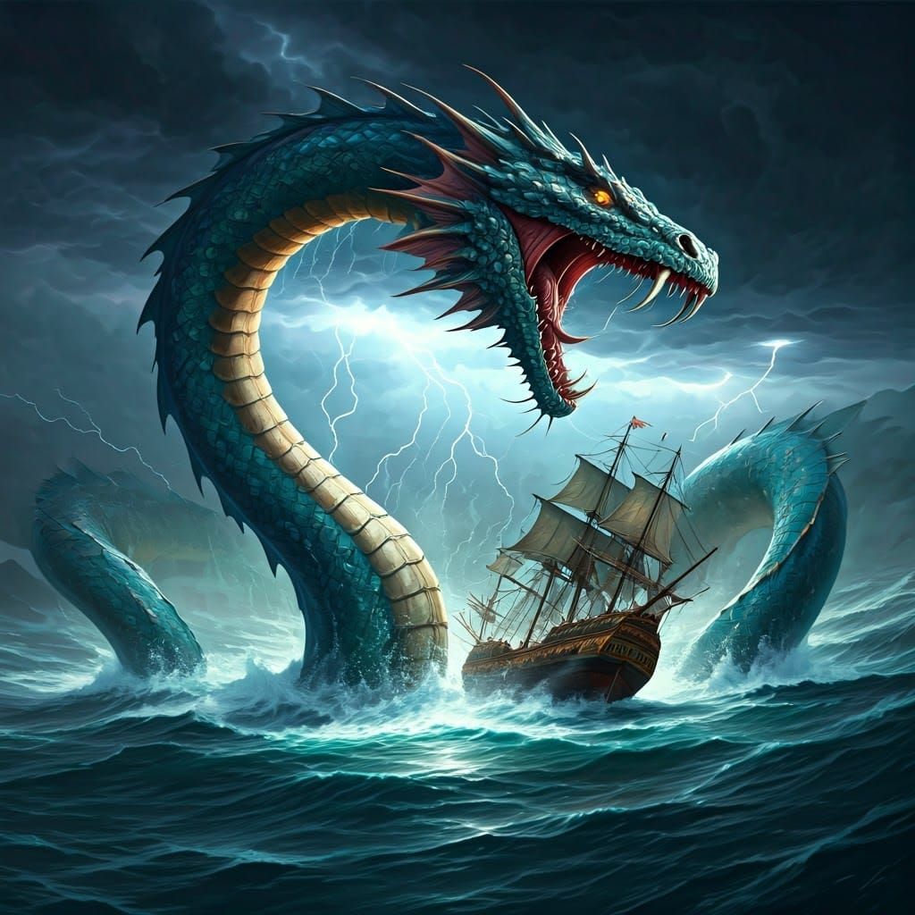 Colossal Sea Serpent Attacks Sailing Ship