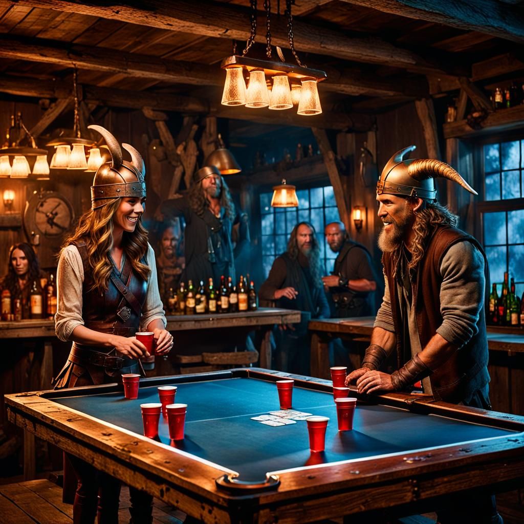 Beer Pong with Vikings: A Mystical Tavern Scene