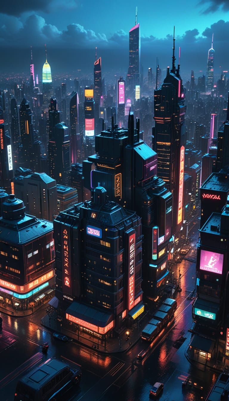 Cyberpunk Cityscape at Night With Neon Holograms
