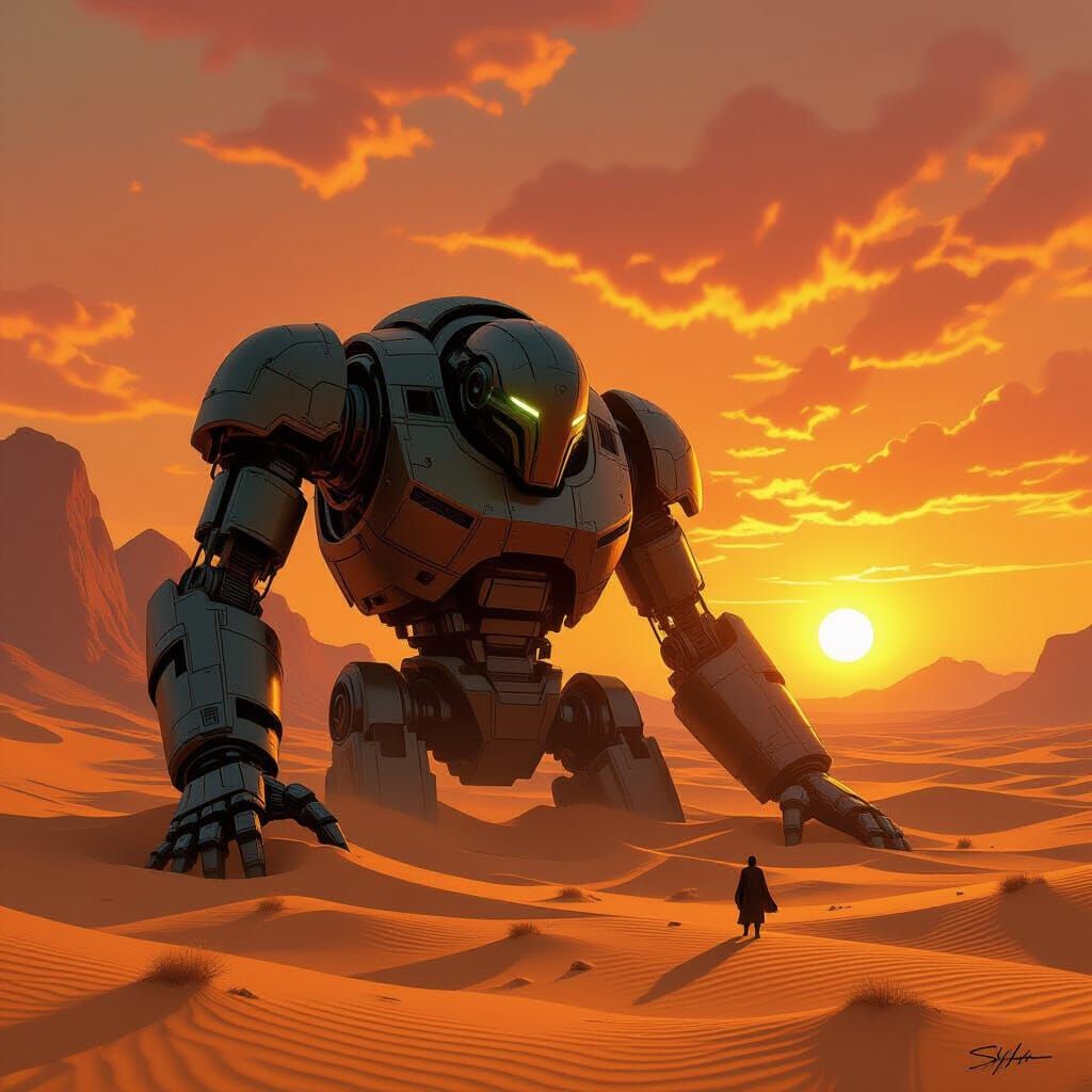 Colossal Desert Automaton Under Fiery Sunset Sky
