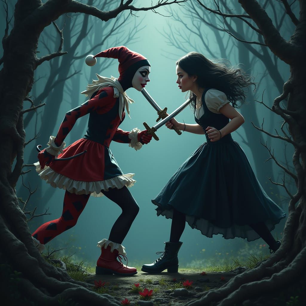 Dark Fantasy Sword Fight in a Mystical Forest