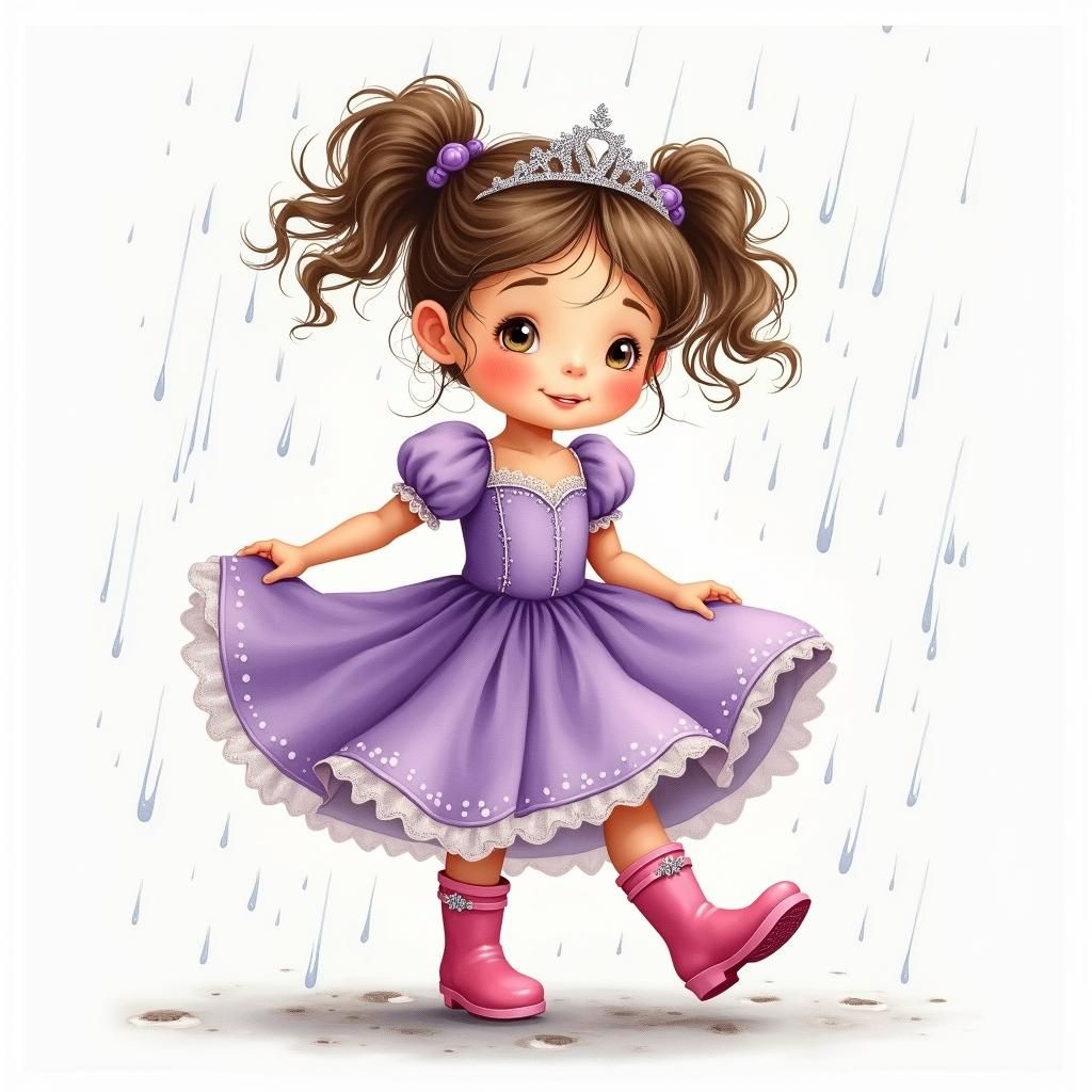 Girl in Unicorn Boots Dancing in Rainy Illustration