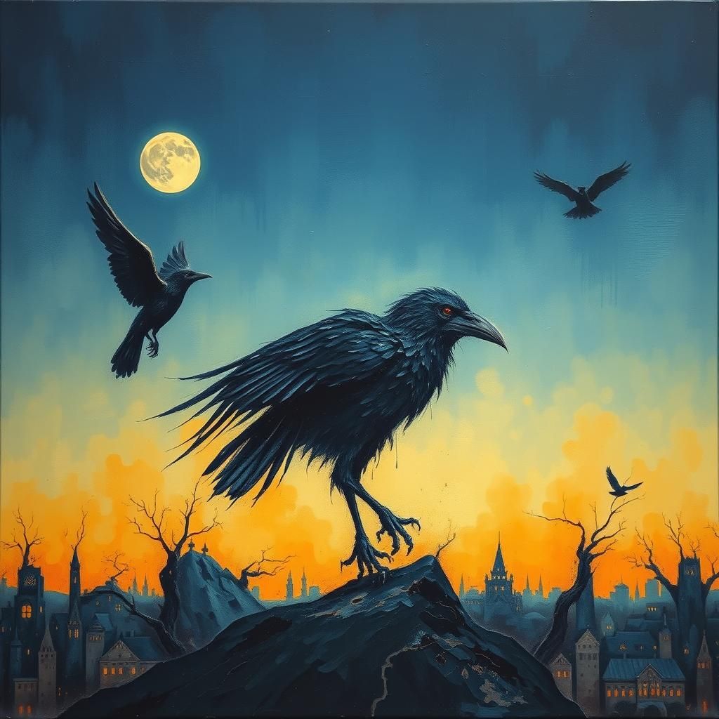 Ghostly Scarecrow and Raven in Impasto Art Deco Style