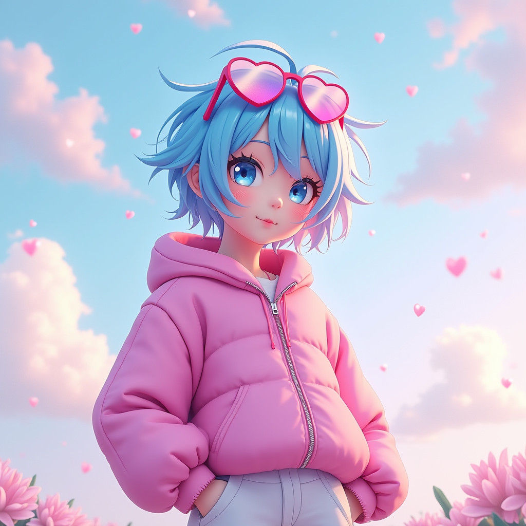 Pastel Anime Boy with Heart Glasses, Digital Art